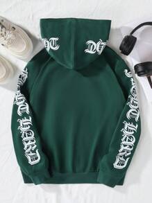 SHEIN Tween Girl Letter Graphic Zip Up Hooded Sweatshirt - Dark Green - View 2