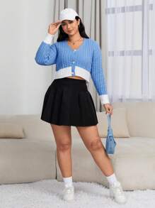SHEIN EZwear 大碼拼接邊麻花編織落肩袖短款開衫 - 藍色 - 查看 4