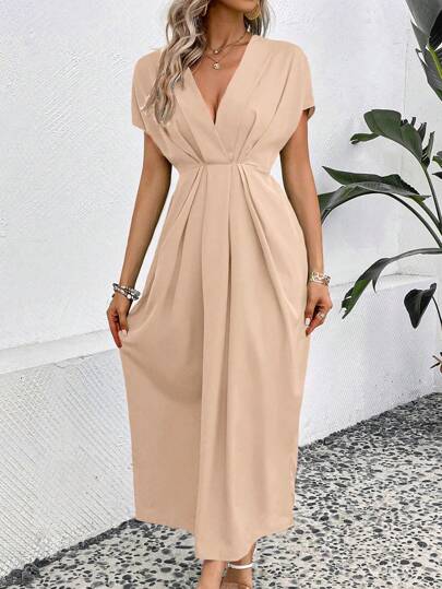 EMERY ROSE Solid Plunging Neck Fold Pleated Detail Dress