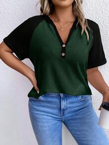 SHEIN LUNE Hơn Khối màu Tay Raglan Dệt kim Waffle Áo thun - Nhiều màu - Xem 5