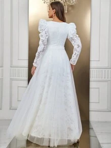 SHEIN Belle 深V領羊腿袖網紗婚紗洋裝 - 白色 - 查看 2