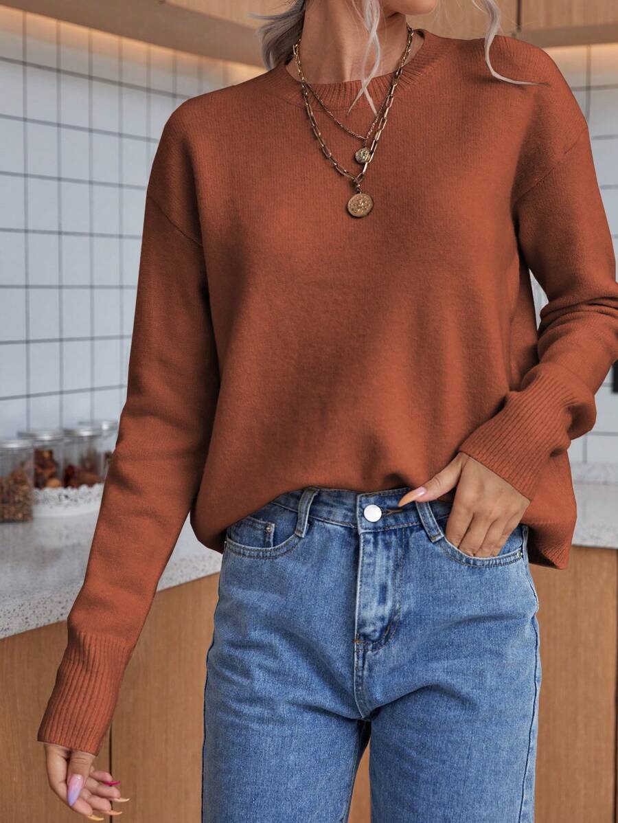 SHEIN LUNE 纯色落肩毛衣，长袖针织套头衫，秋冬款 - 鏽棕色 - 查看 1
