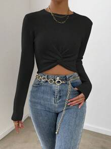 Chiquease Twist Front Crop Sweater,Long Sleeve Tops Knit Pullover Fall Winter Sweater - Black - View 4