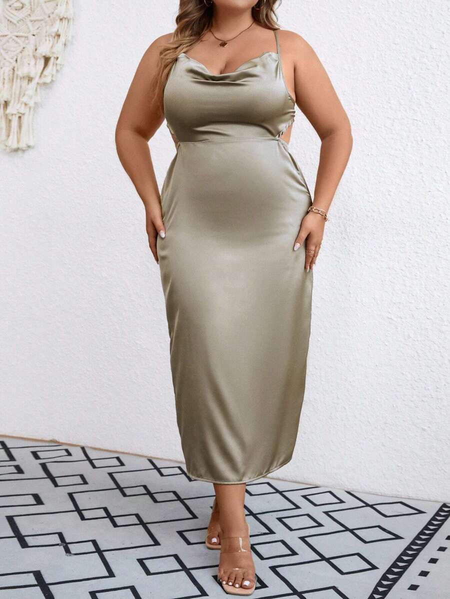 SHEIN Clasi Talla grande Vestido de tirantes escote drapeado de espalda abierta con tira cruzada de satén - Verde Oliva - Ver 1