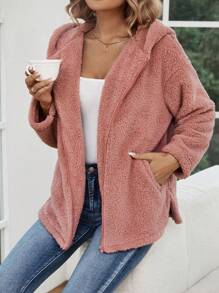 SHEIN LUNE 落肩袖連帽絨毛外套 - 粉色 - 查看 3