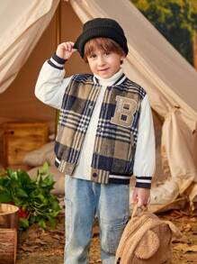 SHEIN Young Boy 1pc Plaid & Letter Graphic Striped Trim Varsity Jacket - Multicolor - View 5