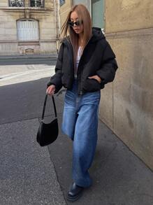 DAZY Zip Up Drawstring Hem Crop Padded Thick Pockets Coat, Women Winter Coat Jacket - Black - View 7