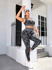 Plus Camo Print Wide Waistband Sports Set - Dark Grey - View 3