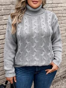 SHEIN LUNE Plus Turtleneck Cable Knit Drop Shoulder Sweater - Grey - View 3