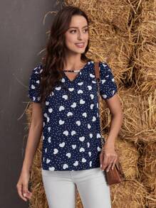 EMERY ROSE Polka Dot & Heart Print Keyhole Neckline Puff Sleeve Blouse - Blue - View 5