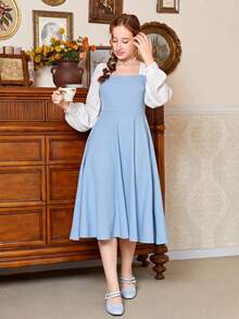 SHEIN Teen Girls Square Neck Two Tone Dress - Baby Blue - View 6