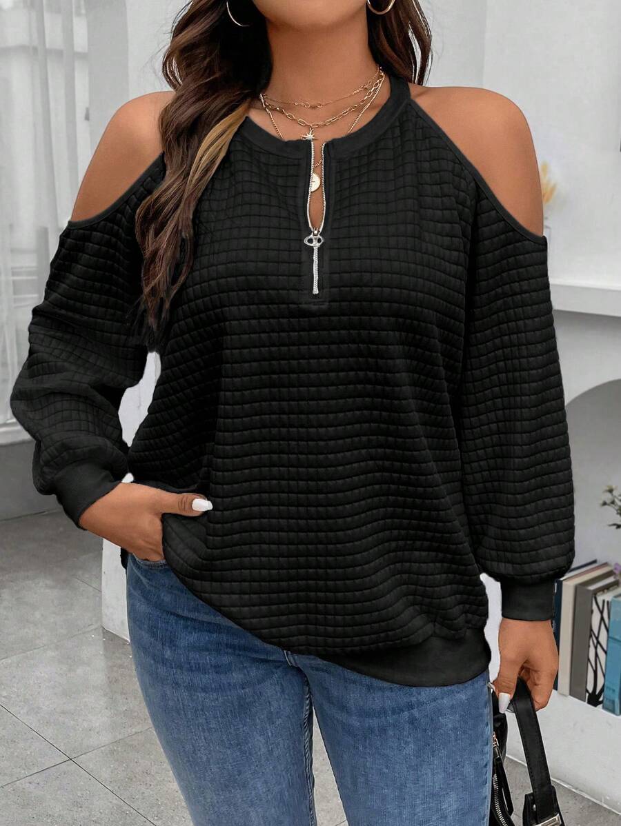 SHEIN Unity Plus Cold Shoulder Quarter Zip Sweatshirt Graduation,Back To School,Graduation,Teacher For Women,Back To School Pullover Fall Winter Sweatshirt Autumn - Black - View 1