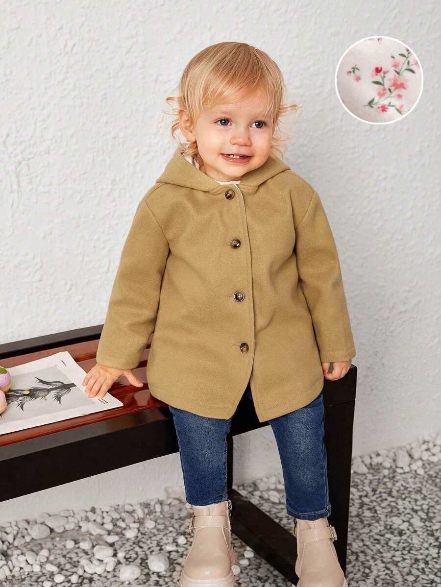 SHEIN Baby Girl Button Front Hooded Overcoat - Apricot - View 1