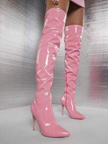亮面尖頭過膝靴 - 粉色 - 查看 4
