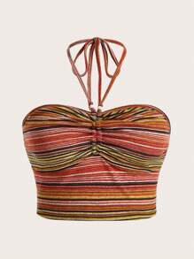 ROMWE Fairycore 大碼條紋印花掛脖上衣 - 彩色 - 查看 1