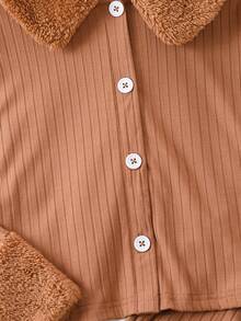 SHEIN 女大童羊絨領口前紐扣T恤和褲子 - 棕色 - 查看 5
