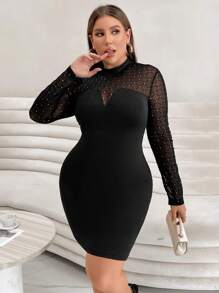 SHEIN Privé 大碼網紗拼接小高領緊身洋裝 - 黑色 - 查看 4