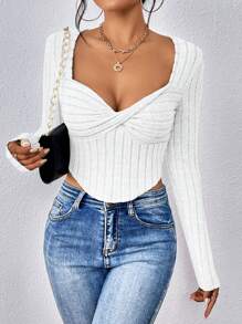 SHEIN Essnce Twist Front Sweetheart Neck Tee - White - View 5