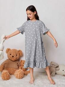 SHEIN Tween Girl Heart Print Ruffle Trim Flounce Sleeve Nightdress - Light Grey - View 3