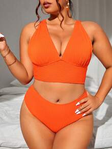 SHEIN Swim Curve 夏季大码霓虹橙色罗纹针织比基尼套装 - 亮橙色 - 查看 5