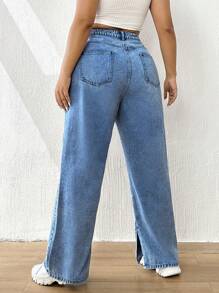 SHEIN EZwear 大碼腰部交疊下擺開叉闊腿牛仔褲 - 中等水洗藍 - 查看 2