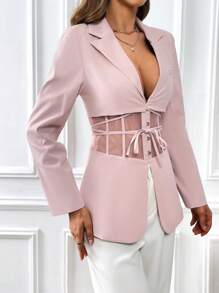 SHEIN Essnce Mesh Insert Tie Front Blazer - Baby Pink - View 4
