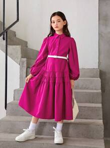 SHEIN Chica preadolescente Vestido camisero de manga farol bajo con fruncido - Rosa Fucsia - Ver 1