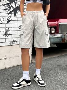 SHEIN EZwear Flap Pocket Side Drawstring Waist Cargo Shorts - Khaki - View 3