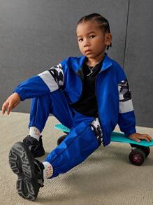 Young Boy Casual Loose Patchwork Color Block Stand Collar Jacket And Elastic Cuff Pants Set (Lightweight/Fleece/Thickened) - Blue - View 3