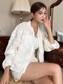 DAZY 提花落肩袖拉鏈開襟飛行員夾克 - 白色 - 查看 1