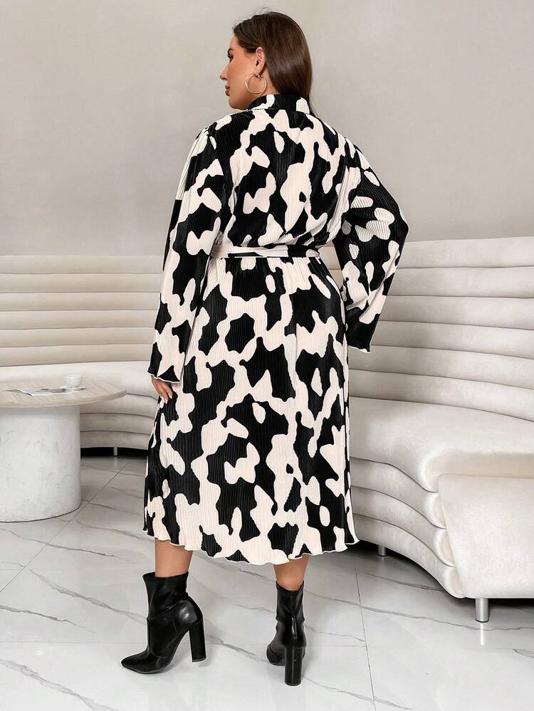 Plus Allover Print Belted Shirt Dress