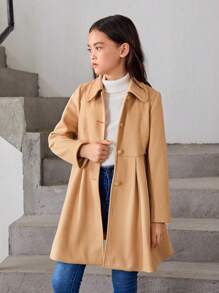 SHEIN Tween Girl 1pc Overlay Fold Pleated Detail Overcoat - Camel - View 11