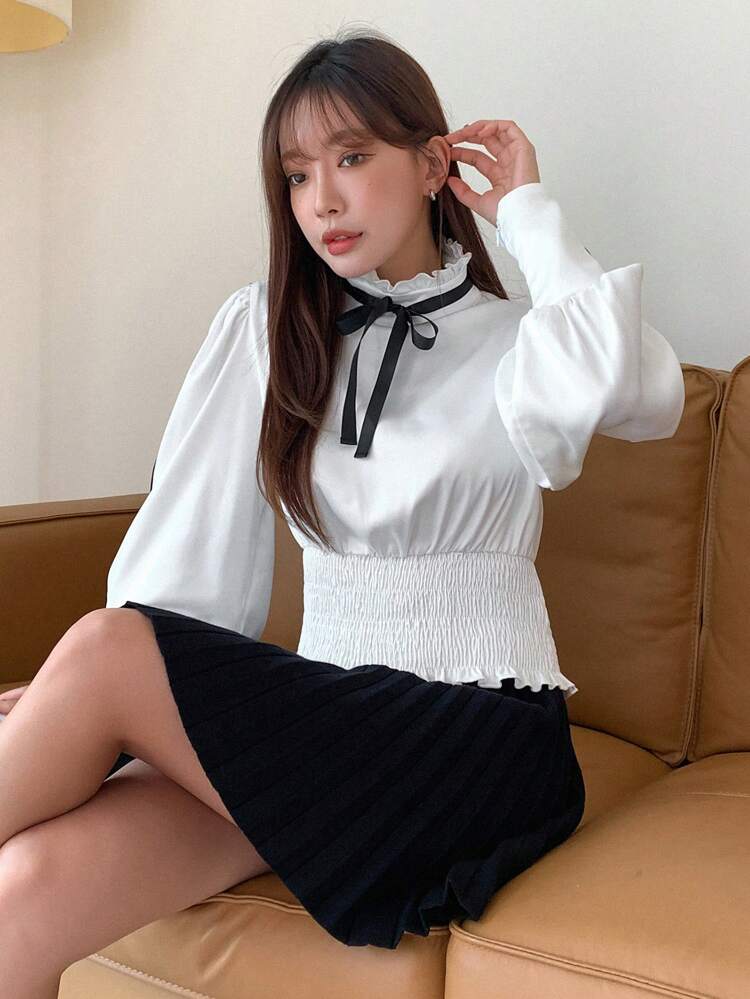 Frill Trim Tie Neck Lantern Sleeve Blouse