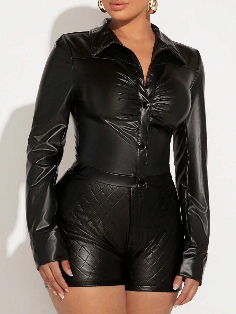 PU Button Front Patent Jacket New Years Eve Party Sexy Club Long Sleeve