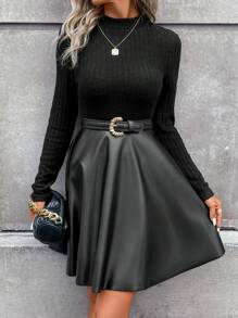 SHEIN Frenchy Chất rắn Cổ giả Váy chữ A Không có thắt lưng - màu đen - Xem 6