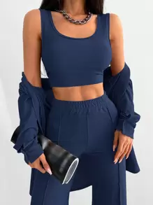 1pc Solid Button Front Shirt & 1pc Wide Leg Pants - Blue - View 4