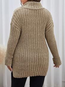 SHEIN Frenchy Plus Quarter Zip Drop Shoulder Sweater In Fall/Winter - Khaki - View 2