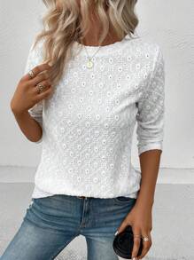 EMERY ROSE Solid Eyelet Embroidery Tee Fall Cloth For Women