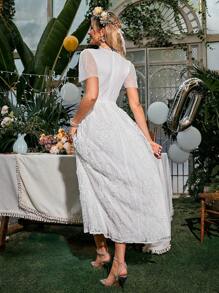 Simplee Puff Sleeve Lace Wedding Dress Without Veil - White - View 2