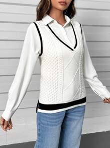 SHEIN Unity 拼接邊麻花編織毛衣背心不帶襯衫 - 白色 - 查看 4