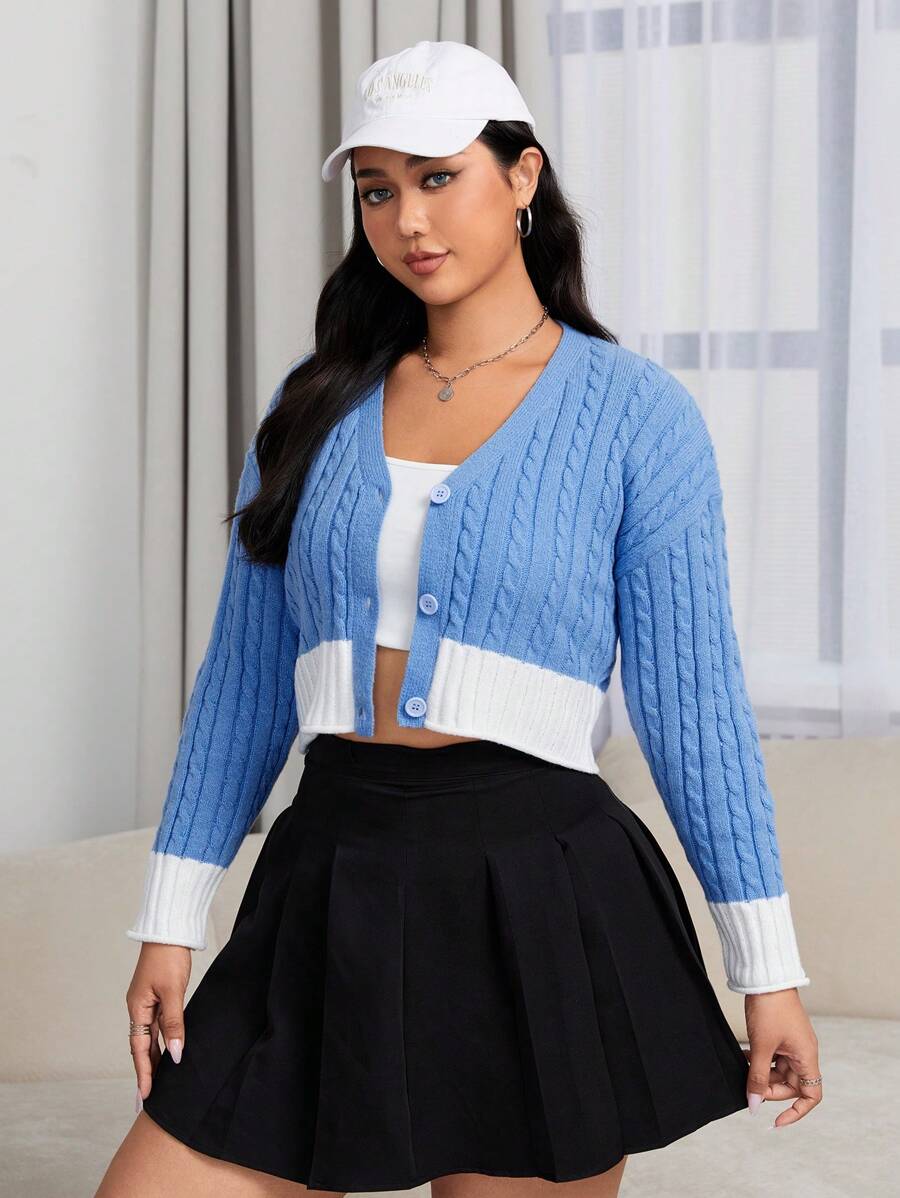 SHEIN EZwear 大碼拼接邊麻花編織落肩袖短款開衫 - 藍色 - 查看 1
