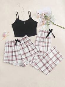 Cami Top & Plaid Print Bow Front Shorts & Pants PJ Set / Pajama Set Bow Tie - Multicolor - View 1