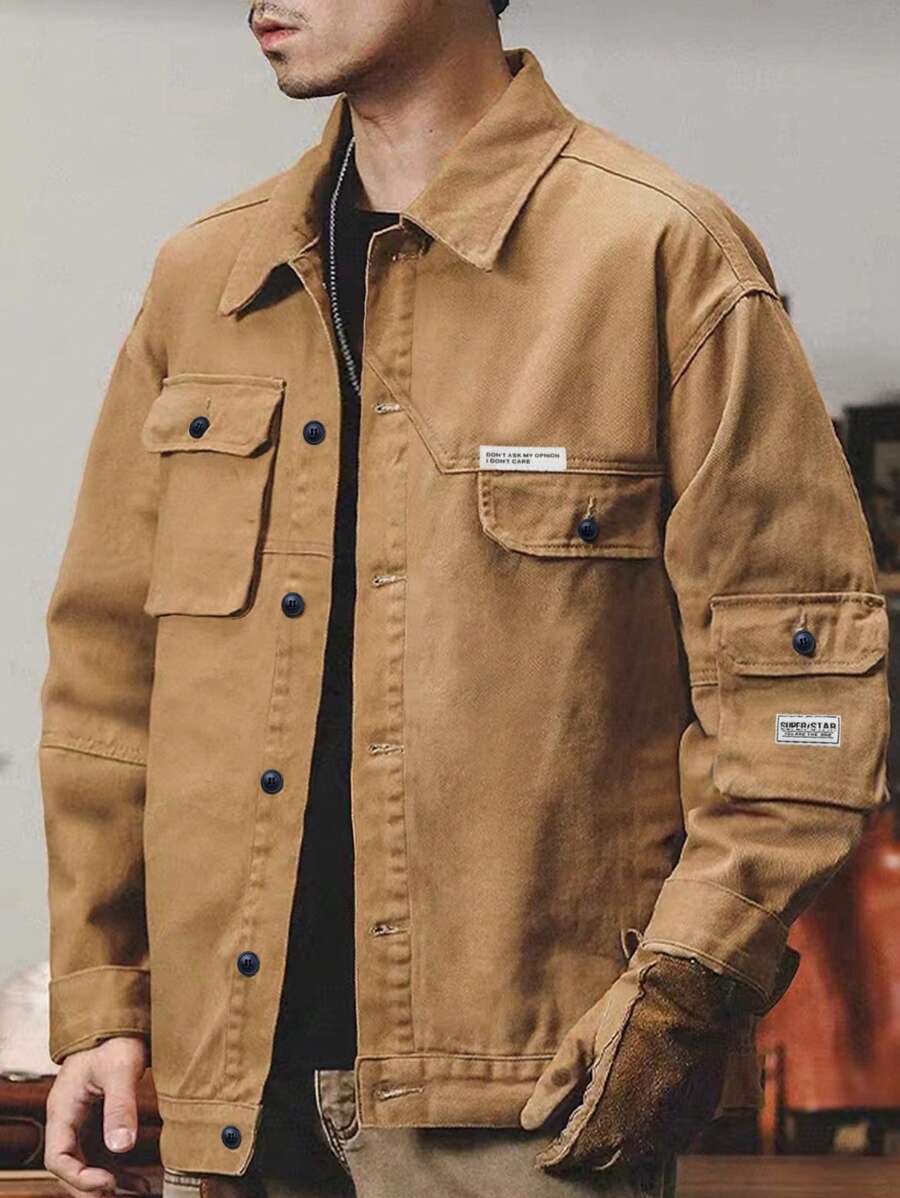 Manfinity Homme Loose Fit Men's Jacket With Letter Patch And Flap Pockets - Brown - View 1