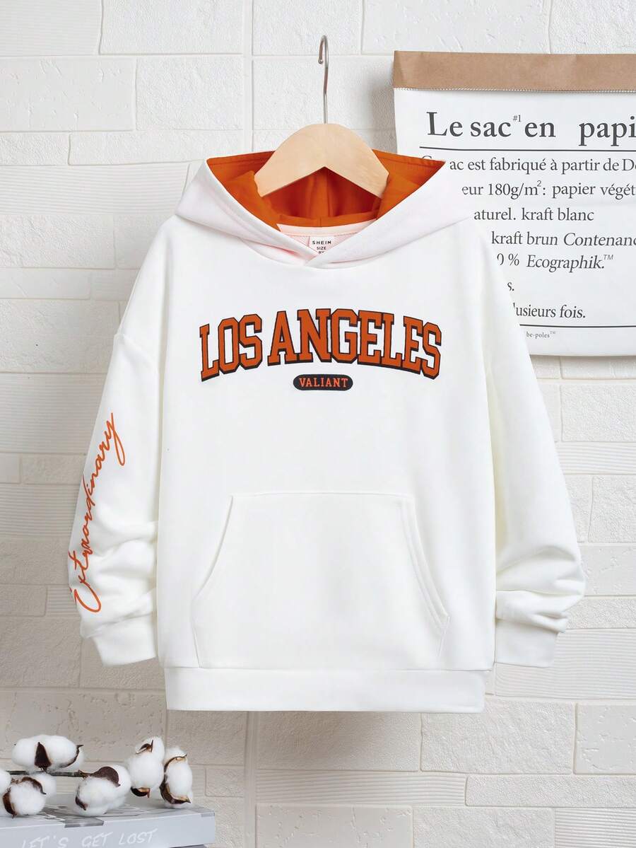 SHEIN 青少年男孩字母图案袋鼠口袋落肩卫衣 - 白色 - 查看 1