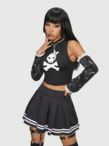 ROMWE Kawaii Skull Print Crop Top With Arm Sleeves - Black - View 3