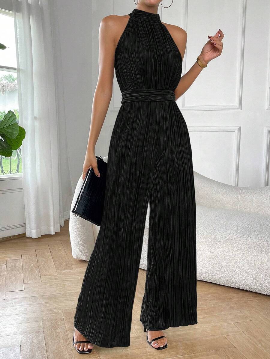 SHEIN Essnce 素色繞頸褶皺闊腿連體褲