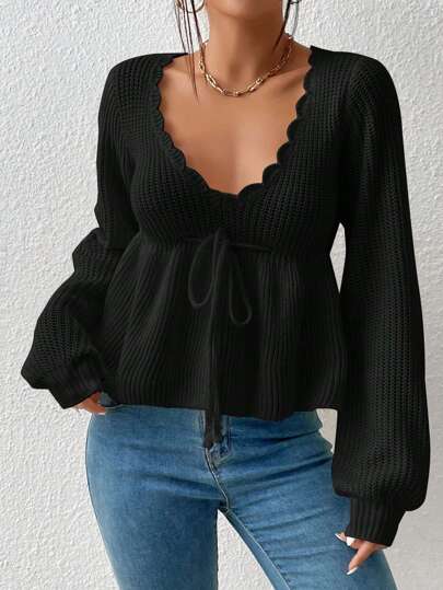 Firerie Scallop Trim Lantern Sleeve Tie Front Bow Peplum Black Sweater,Long Sleeve Tops,Knitted Sweater In Fall/Winter
