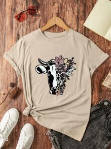 SHEIN LUNE Camiseta con estampado vaca & floral - Albaricoque - Ver 1