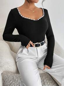 Firerie Pearls Beaded Sweetheart Neck Ribbed Knit Bodysuit - Black - View 6