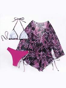 SHEIN Swim Tropical Print Halter Triangle Bikini Set With Cover Up,Summer Beach - Purple - View 8